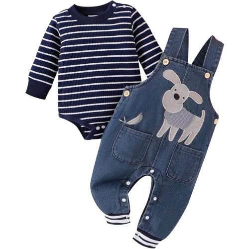Baby Boy Clothes Fall Winter Outfits Long Sleeve Striped Romper Cute Cartoon Jeans Overalls Pants Set 0-18 Months