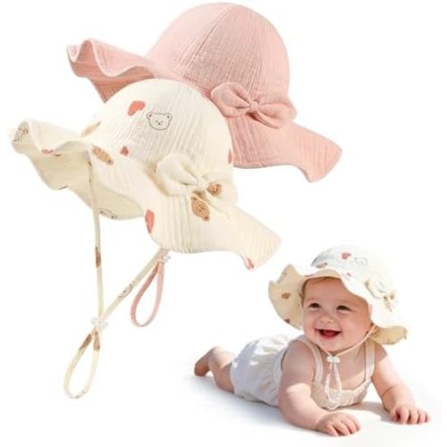 2 Pack Baby Sun Hat, Muslin Newborn Sun Hat UPF 50+ Sun Protection Infant Beach Hat with Wide Brim for 0-24 Months