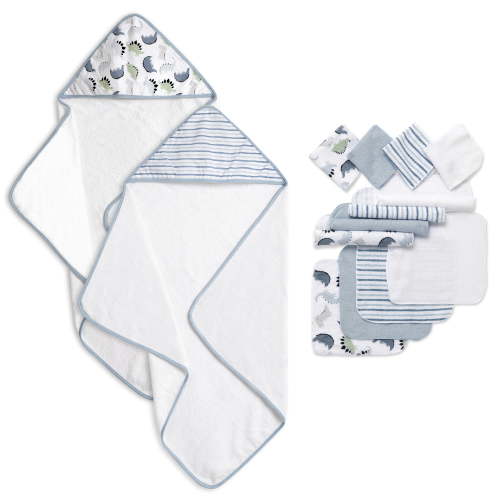 Dream On Me Baby 2 Piece Hooded Towels & 12 - Piece Washcloth Set in Blue Dino Print