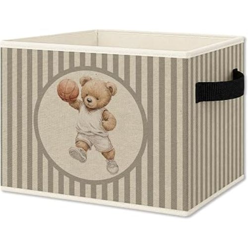 Basketball Bear Nursery Foldable Storage Bins Box with Handles, Neutral Striped Basketball Player Bear Collapsible Organizer Basket for Boys Kids Bedroom Bathroom Playroom Clothes Books