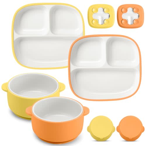 Domensi 4 Pcs Square Porcelain Kid Suction Plate and Bowl,Orange,Yellow | 2 Ceramic Toddler Divided Plate and 2 Baby Anti Slip Silicone Sleeve Bowl, Feeding Supplies, Microwave Dishwasher Safe