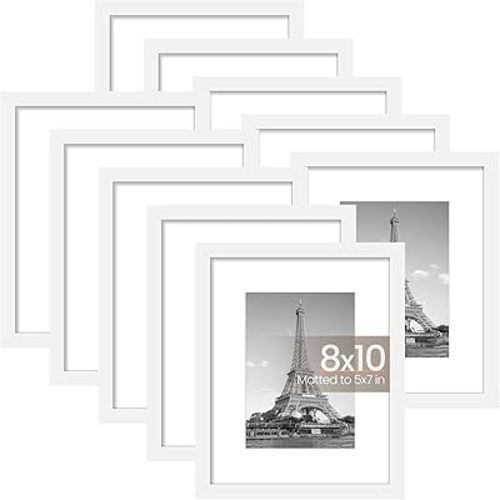 upsimples 8x10 Picture Frame Set of 10, Display Pictures 5x7 with Mat or 8x10 Without, Multi Photo Frames Collage for Wall or Tabletop Display, White