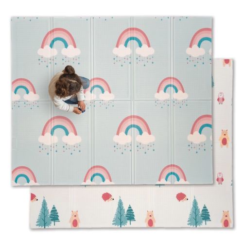 JumpOff Jo - Waterproof Foam Padded Play Mat for Infants, Babies, Toddlers, Play Pens & Tummy Time, Foldable Activity Mat - Woodland Rainbow