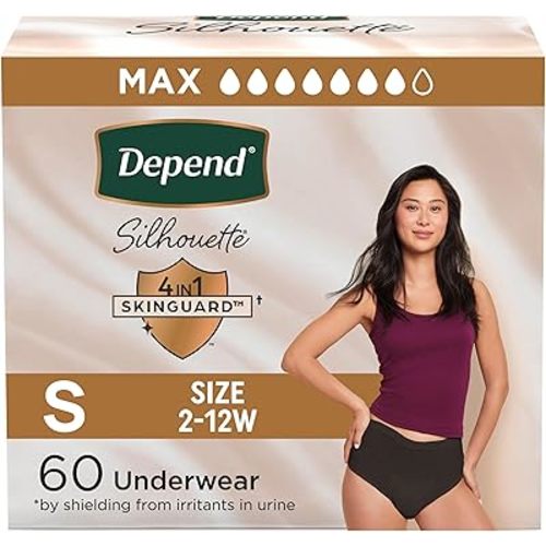 Depend Silhouette Adult Diapers, Incontinence & Postpartum Bladder Leak Underwear for Women, Maximum Absorbency, Small, Black, 60 Count (2 Packs of 30), Packaging May Vary