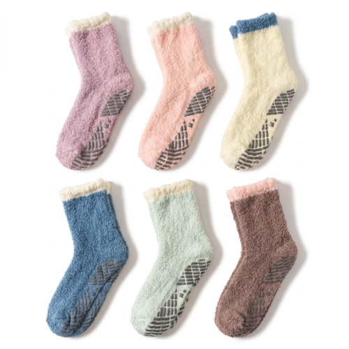 TRANSLINK 6 Packs Womens Fuzzy Socks Non Slip Warm Cozy Winter Slipper Socks Gift Size 5-9