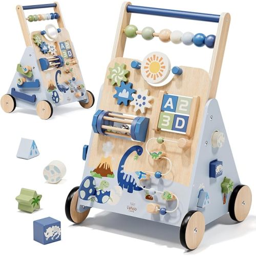 Lehoo Castle Dinosaur Wooden Baby Walker, Adjustable Speed Baby Push Walker