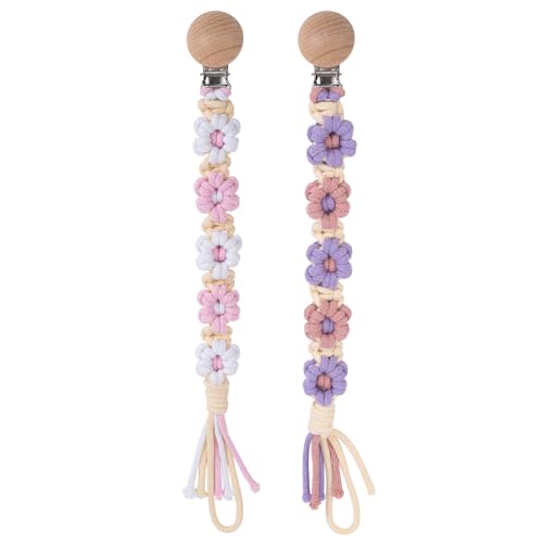 Symbolife Pacifier Clip for Boys Girls Floral Daisy Macrame Baby Paci Clip Pacifier Holder Leash Boho Wooden Clips Handmade Braided Cotton Binky Clips (2pack:Pink Daisy & Lavender Style B)