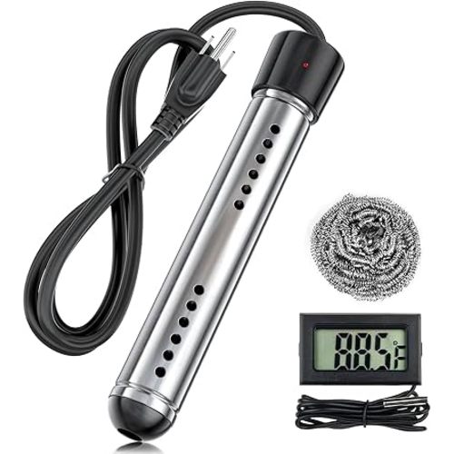 Portable Water Heater Electric, 2000W Immersion Water Heater with LCD Thermometer, Stainless Steel Immersion Heating Rod, Submersible Bucket Heater for Home Camping Bathtub Small Pool Outdoor Use