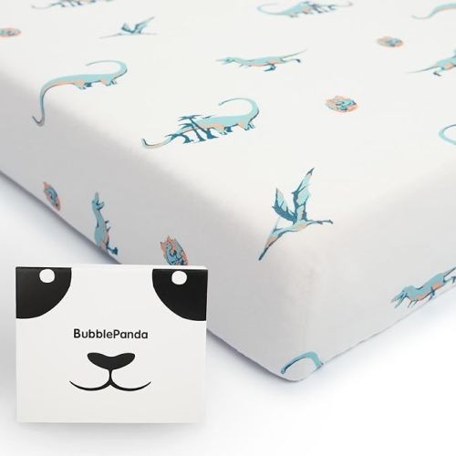 BubblePanda Rayon Made from Bamboo Crib Sheets for Baby Boys Girls Neutral Soft Stretchy Fitted Crib Mattress Sheet Standard 52" x 28" (Dinosaur)