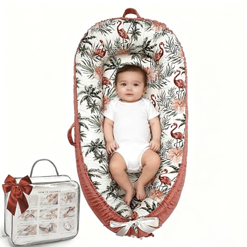 Baby Lounger-Breathable and Soft Organic 100% Cotton, Portable Infant Lounger with Removable Lounger Cover, Baby nest Lounger for Newborn - Red Flamingo