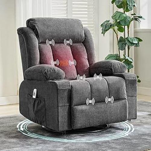 GarveeLife Rocker Recliner Chair with Heat and Massage, Nursery Recliner 360° Swivel Wide Chairs for Adults, Lazy Boy Single Sofa Seat with 3 Positions, 2 Side Pockets, Cup Holders, and USB Ports
