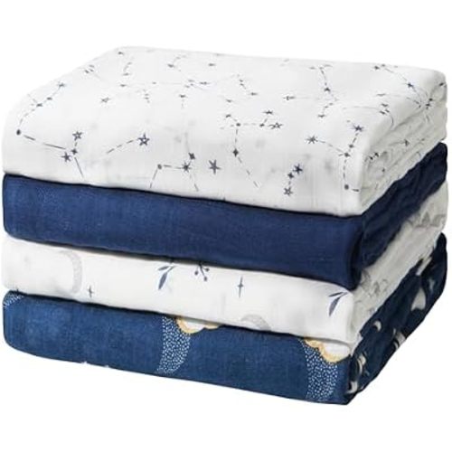 Momcozy Muslin Swaddle Blankets, 4-Pack, Large 47"x47" Midnight Star Clouds