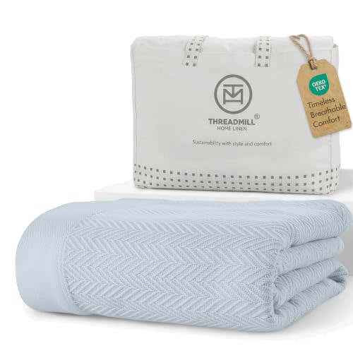 Threadmill Luxury Cotton Blankets for King Size Bed | All-Season Cozy 100% Cotton King Size Blanket | Herringbone Soft Fall Thermal Blanket fits Cal King Size Bed | Light Blue | 100% Cotton, Herringbone Pattern, 106x92 in, Breathable, Moisture-Wicking,...