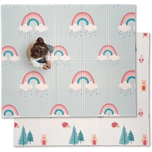 JumpOff Jo Foldable Foam Play Mat – Large Waterproof Baby & Toddler Activity Floor Mat, Double-Sided 70 x 59 Inch Play Surface - Woodland Rainbow
