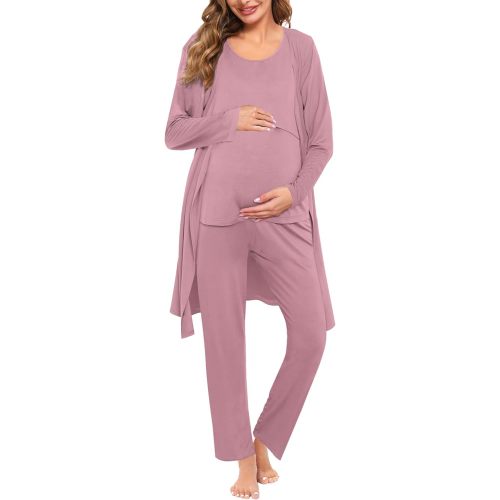 SWOMOG Maternity Nursing Robe Set 3 PCS Women Postpartum Pajamas Breastfeeding Labor Delivery Hospital Pregnancy Pjs