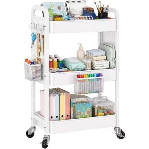 3 Tier White Rolling Storage Cart Metal with DIY Pegboard and Wheels