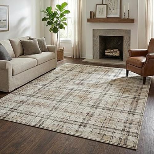 Washable Area Rug 8x10 Plaid Rugs for Living Room Non Slip Bedroom Rug Soft Non-Shedding Floor Cover Classic Foldable Accent Carpet Low Pile Thin Mat for Bedroom Office Nursery Beige
