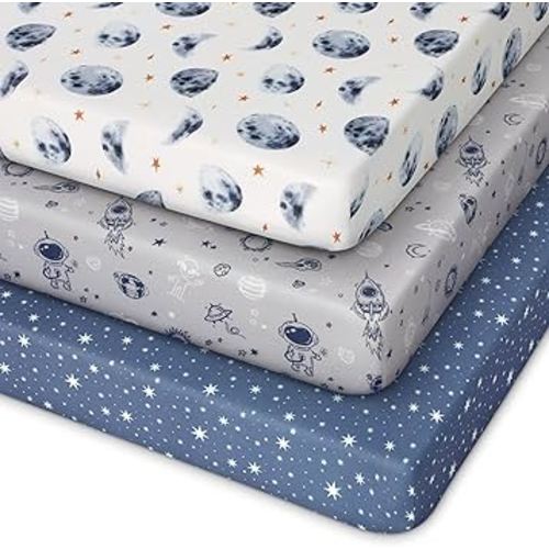 Pack and Play Sheets Fitted 3 Pack, Mini Crib Sheets for Pack N Play Mattress Stretchy Portable Playard Sheets, Soft Breathable Grey & Blue Moon