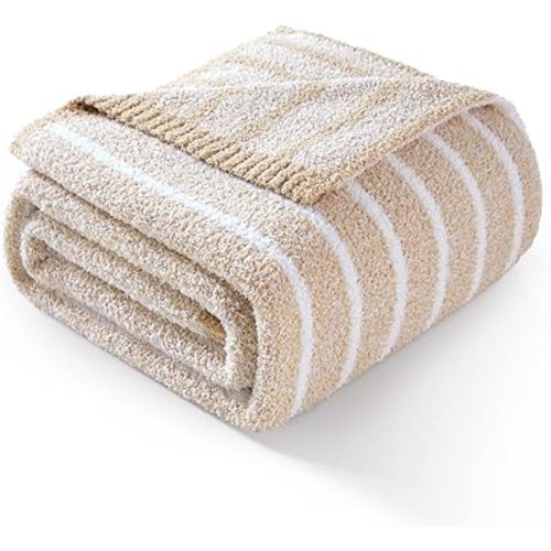 Snuggle Sac Ultra Soft Beige Throw Blanket for Couch, Reversible Cozy Knitted Ribbed Blanket for Sofa, Bed, Home Decor 50"x60"