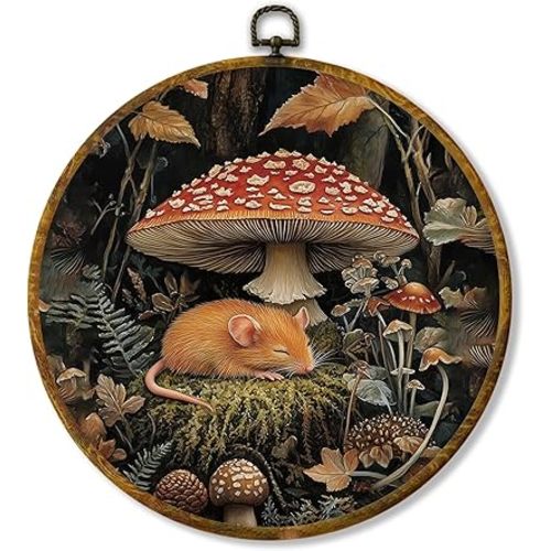 Hiuwevt Fantastic Forest Mushroom Rat Round Wall Art Decor, Mystical Woods Fern Plant Hanging Canvas Prints Artwork Framed, Cottagecore Mushroom Botanical Circular Wall Decor for Home, 10x10 Inch