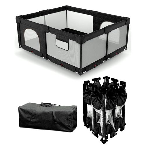 Foldable Baby Playpen with Non-Removable Thick Mat, Extra Large Collapsible Play Yard for Babies & Toddlers, Portable Travel Playpen with Gate, Safe Activity Center (59"×71" Black)