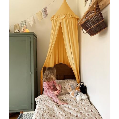 Kids Bed Canopy with Frills Cotton Cover Net for Baby Crib Reading Nook Curtain Hideaway Hanging Round Tent Nursery Bedding Play Room Décor