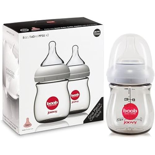 Joovy Boob Baby Bottles Made from Durable, Medical-Grade PPSU with CleanFlow Vent Technology to Prevent Nipple Collapse, Negative Pressure, and Colic Symptoms (5oz, 2pk)