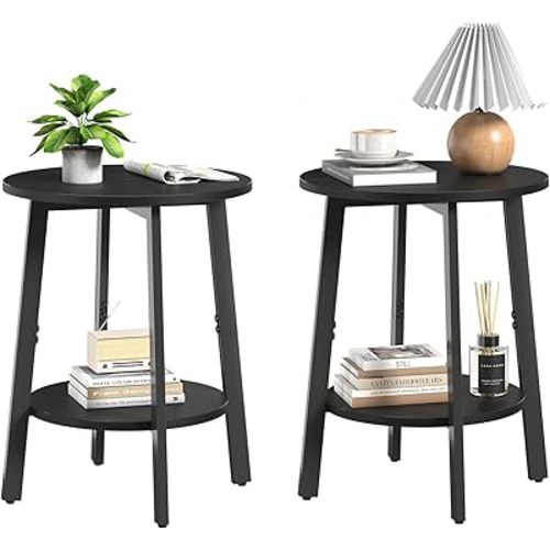 sthmec Side Table Set of 2, Small Round End Table with Storage Shelf for Small Space, 2-Tier Black Bedside Table Sofa Couch Table, Nighstands Set of 2 Accent Table for Living Room, Bedroom, Black
