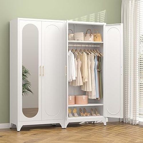 Polup Metal Armoire Wardrobe Closet with Mirror, Clothing Storage Cabinet