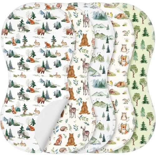 5 Pack Woodland Animal Baby Burp Cloths Soft Absorbent Burping Rags for Newborns 19"x9" Spit up Cloths for Boy Girl Newborn Baby Shower Registry Gifts Set Nursery Decor