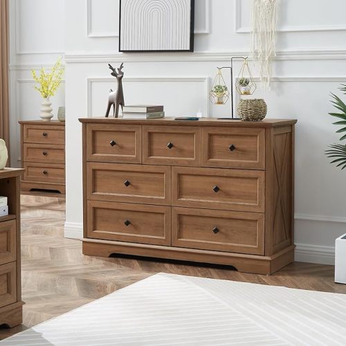 NONGSHIM 7 Drawer Dressers, Farmhouse Dresser Chest of Drawer for Bedroom, Modern Wood Drawer Dresser with Charging Station, Chest of Drawers Storage Cabinet for Living Room, Entryway, Natural Oak