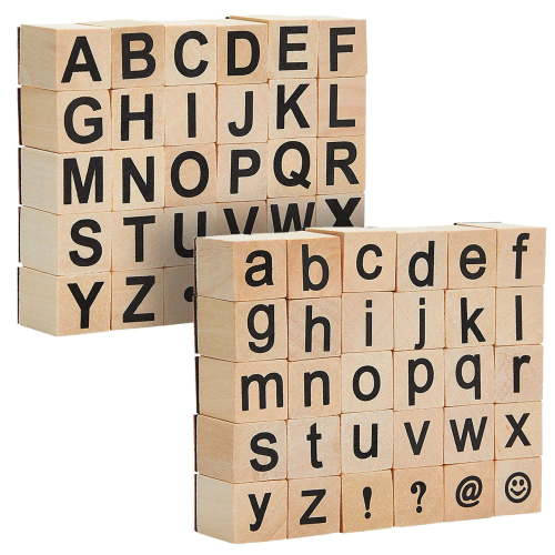 60-Piece Wood Alphabet Stamp Set, Upper and Lowercase Letters with Symbols, Rubber Stamps for Kids, DIY Projects, Arts and Crafts, Scrapbooking, Classroom, Games