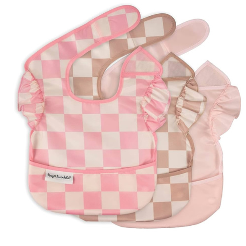Tiny Twinkle Mess Proof Baby Bibs for Eating - Waterproof, Wipeable Bibs - Toddler Bibs - Travel Friendly - PFAS, PVC, BPA, Phthalate Free - Baby Food Bibs(3 Pack,Checkers Girl)