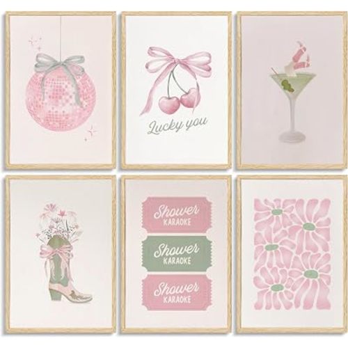 6psc Pink and Green Preppy Coquette Posters Wall Art, Coastal Disco Cowgirl Canvas Wall Decor,ute Coquette Bow Trendy Aesthetic Painting for Bedroom,Dorm,Bathroom,Home Decoration 12x16 in Unframed