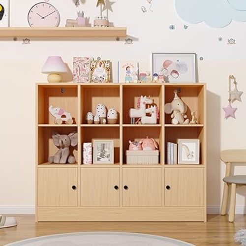 Oak Bookshelf, Wood Bookcase with 3 Tier Shelves, 12 Cube Storage Organizer with Doors for Bedroom, Living Room, 47.8" W x 39.1" H