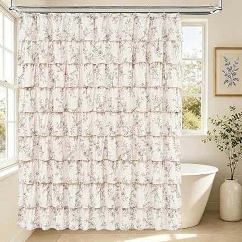 Long Farmhouse Floral Shower Curtain, Ruffle Bathroom Curtains, 72"Wx78"L