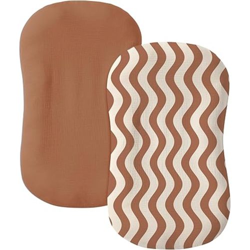 guruixu Muslin Baby Lounger Cover 2 Pack, 100% Cotton Infant Replacement Cover, Soft & Breathable Replacement Slipcover, Compatible with Snuggle Me Lounger (Terracotta,Terracotta Wave)