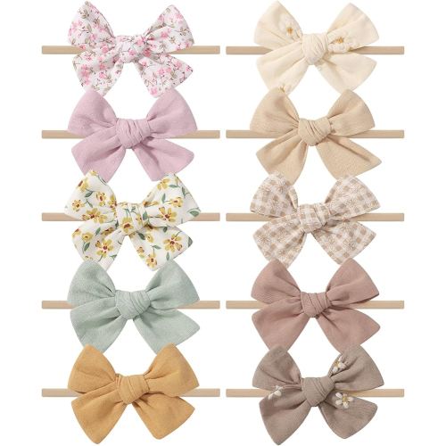 doboi 10PCS Baby Girls Headbands Hair Bows Nylon Cotton Linen Hairbands Fine Handmade Hair Accessories for Newborn Infant Toddlers Little Girls-Embroidered Flower