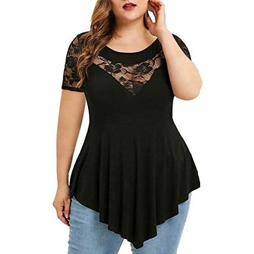Chvity Womens Plus Size Tops O-Neck Asymmetric Short Sleeve Tunics Lace Blouse Shirts for Summer Casual S-5X