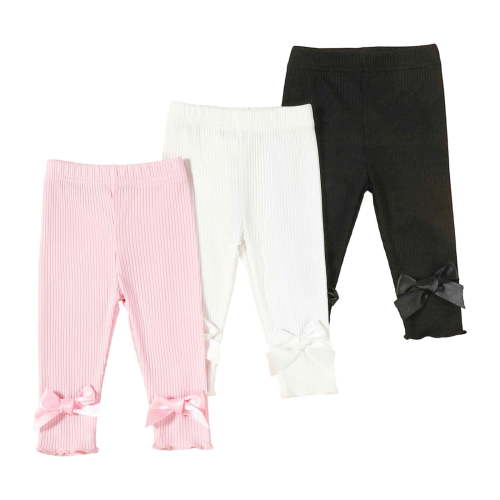 Kiijoy Infant Girls Ribbed Bow Pants Solid Color Cotton Pull On Pants,3-Pack, Sizes 12-18M