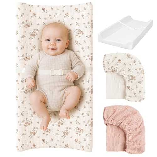 Konssy Baby Changing Pad Set with Waterproof Lining & 2 Pack Muslin Covers | Soft Foam Support, Contoured Sides, Non-Slip Base & Safety Belt, Diaper Changing Pad for Dresser, 32" x 16" (Blossom,Pink)
