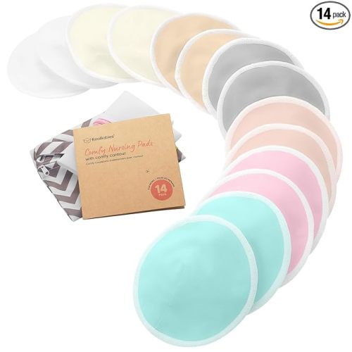 Organic Nursing Pads - 14 Washable Breast Pads for Breastfeeding, Wash Bag, Viscose Derived from Bamboo Reusable Nipple Covers for Breastfeeding Essentials, Soft & Absorbent (Pastel Touch, L 4.8")