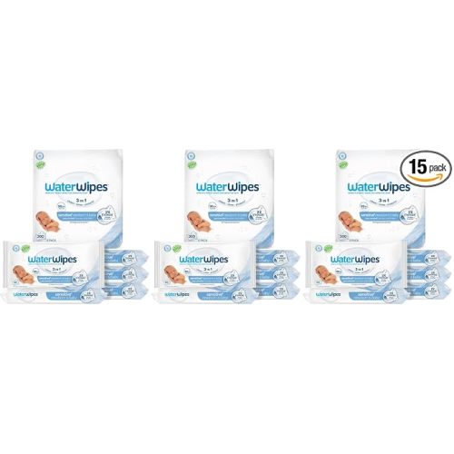 WaterWipes Sensitive+ Newborn & Baby Wipes, 3-In-1 Cleans, Cares, Protects, 99.9% Water, Unscented & Hypoallergenic, 900 Count (15 Packs)