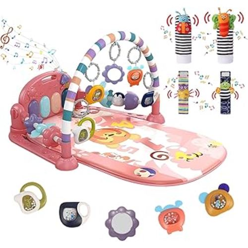 Baby Gym Play Mat Kick and Play Piano Tummy Time Mat for Floor Baby Gym Activity Mat with 5x Infant Sensory Toys & 4x Wrist Rattle Socks, Gift for Babies Newborns & Toddlers 0-3-6-9-12 Months