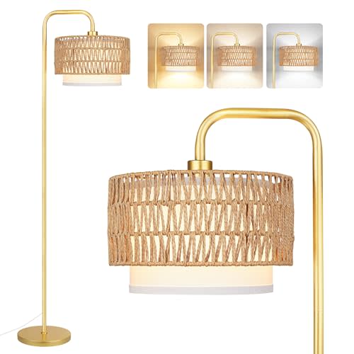 PARTPHONER Gold Floor Lamp for Living Room, Farmhouse Tall Lamp with 3 Color Temperatures Remote & Dimmable Bulb, Boho Lamp Rattan and Fabric Shades Bedroom Study Room Office Hotel