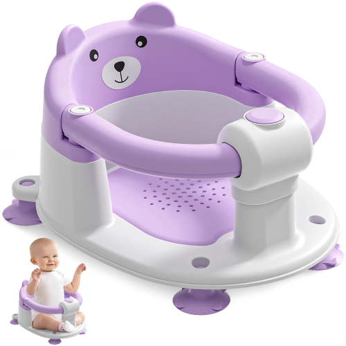 Soluxeo Baby Bath Seat for Babies 6 Months & up, Non-Slip Toddler Bath Seats for Babies Sitting Up with 4 Suction Cups & Soft Cushion for Shower(Purple)