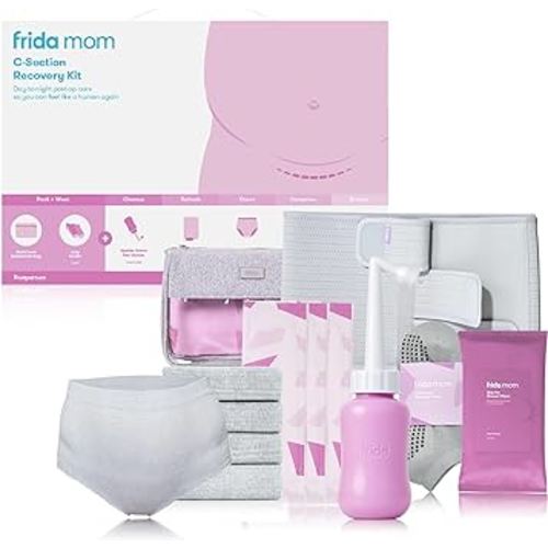 Frida Mom C-Section Recovery Must Have Kit for Labor, Delivery, & Postpartum, Socks, Peri Bottle, Disposable Underwear, Abdominal Support Binder, Shower Wipes, Silicone Scar Patches, & Toiletry Bag