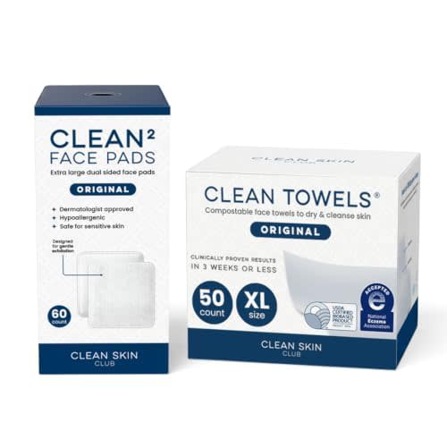 Clean Skin Club Original Clean Towels XL & Clean² Face Pads Bundle, 50 Ct Disposable Face Towels + 60 Ct Dual-Sided Cotton Pads, USDA Biobased Makeup Remover & Skincare Set, Eczema Assn Accepted