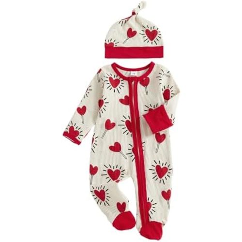 Baby Boy Valentines Outfit Newborn Valentines Onesie Waffle Knit Long Sleeve Romper Spring Clothes With Hat