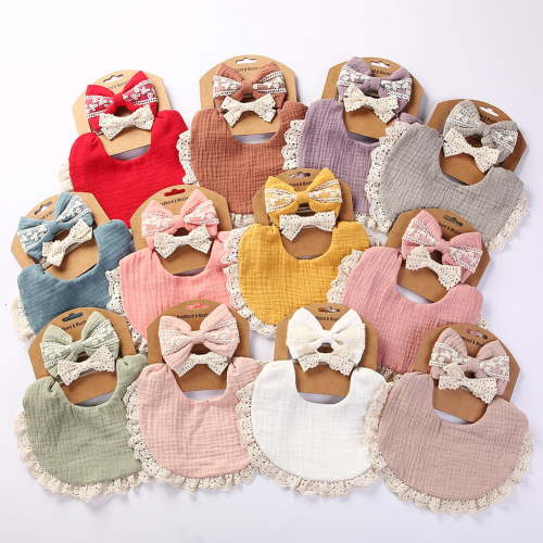 Muslin Baby Teething Drool with Bow Headband Feeding Cloth Bibs For Girl Organic Cotton Soft Breathable Multi-Layer Multi-color